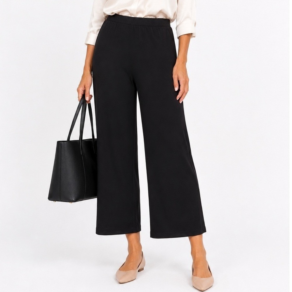 Chico's Womens Elastic Waist Pull On Black Wide Leg Knit Travelers Pants Size 8S